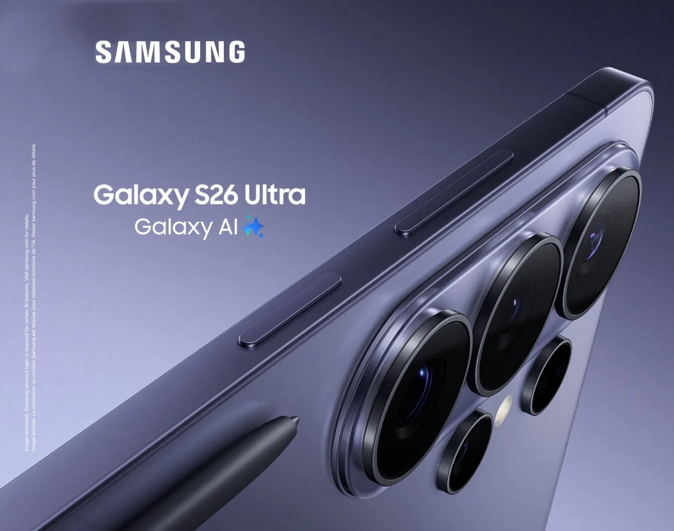 A silver Galaxy S26 on a blue background next to the words "Galaxy AI" in white and "Preorder now".